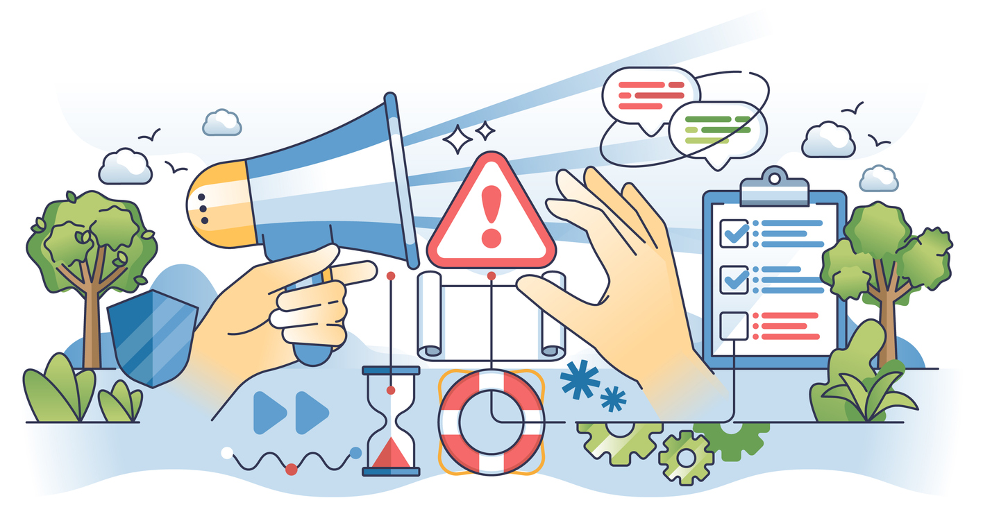Crisis communication and corporate PR management outline hands concept